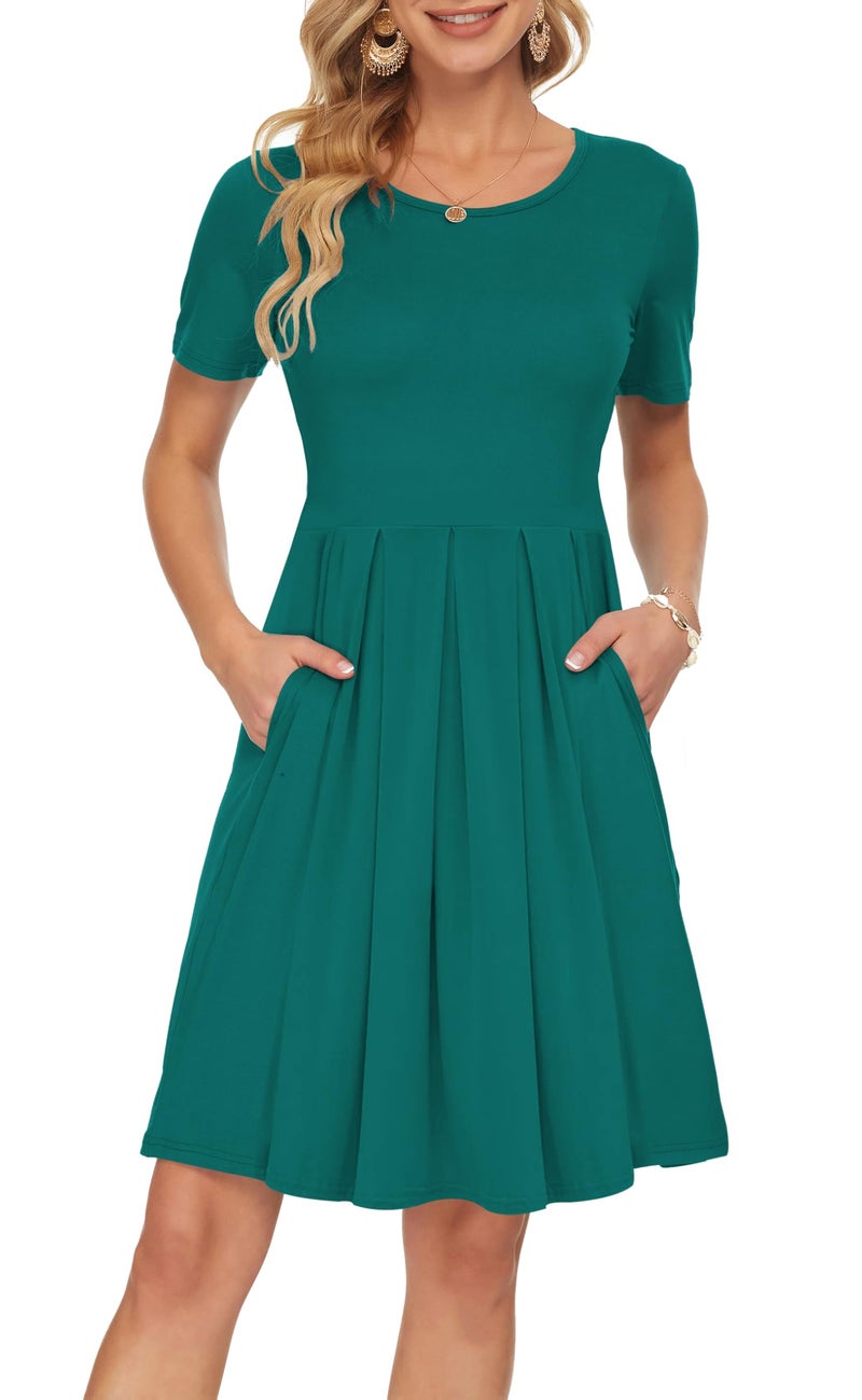 AUSELILY Women's Short Sleeve Summer Dress Pleated Loose Swing Knee Length Dresses with Pockets 2026 New Dark Green L - Image 1